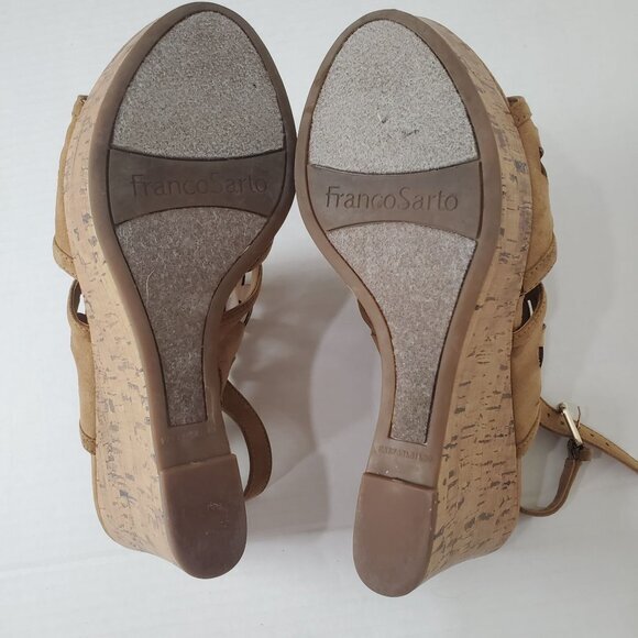 FRANCO SARTO Womens Sandals 8 Shea‎ Cut Out Wedge Cork Leather Tan Chunky Y2K - Picture 3 of 9